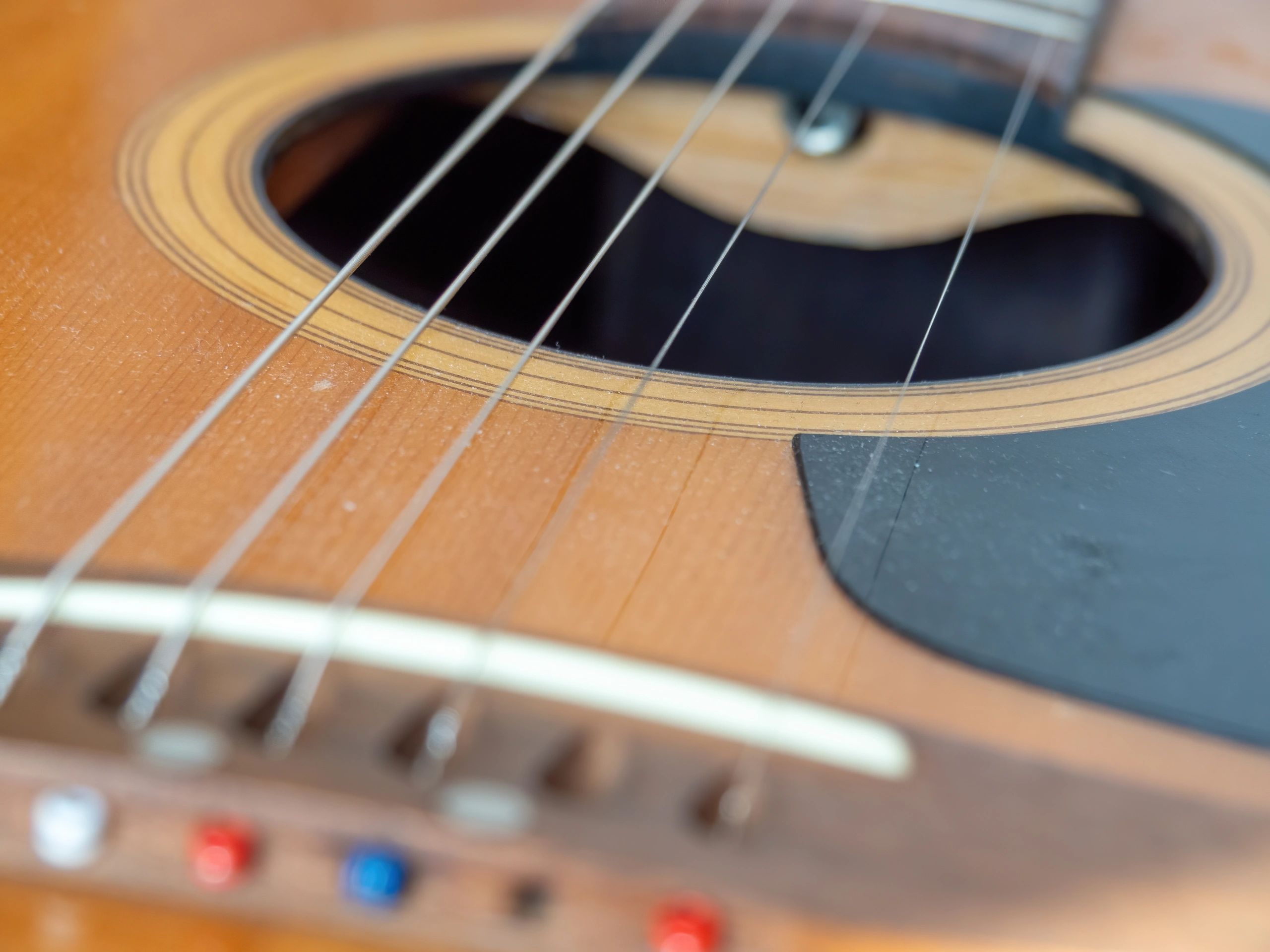 Close-up detail of an acoustic guitar